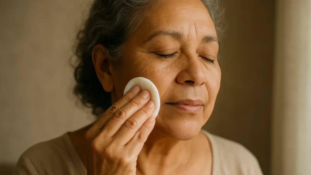 mujer anciana cuidando la piel con el mejor aceite esencial para las arrugas